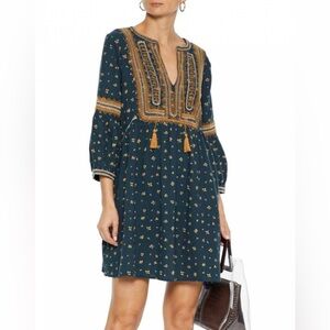 Ba&sh Anily Teal Embroidered Boho Mini Dress Tunic Cotton Long Sleeve Festival